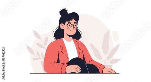 Smiling woman with glasses and a coral blazer sits amidst stylized plants