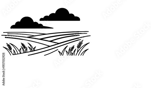 Stylized black and white drawing of rolling fields and stormy clouds