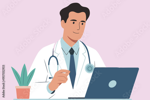 A doctor uses a laptop possibly for telehealth with a plant nearby