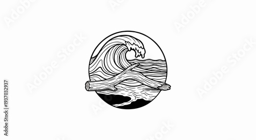 Stylized circular drawing of a crashing wave and driftwood