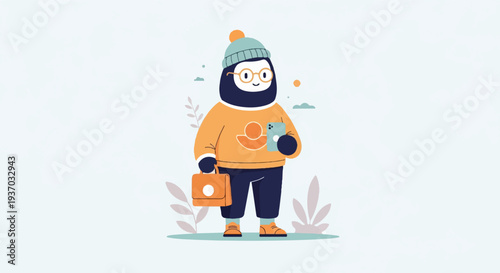 Cartoonish figure in winter attire with a phone and briefcase