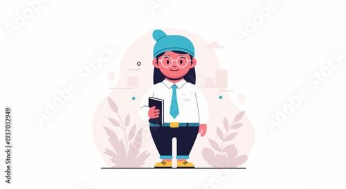 Cheerful cartoon character in business attire, holding a book, amidst stylized foliage