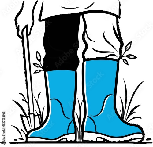 Cartoon image of a person in bright blue wellington boots standing in grass with a tool