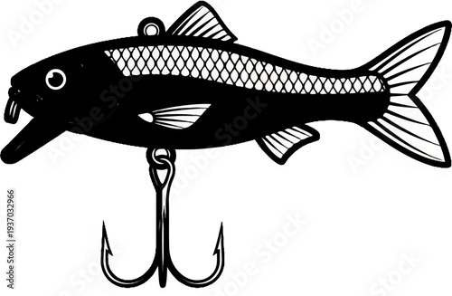 Stylized black fish-shaped lure with a treble hook