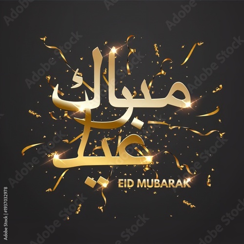 Glowing golden Eid Mubarak text in Arabic and English on luxury background. Vector design template for Islamic holiday
