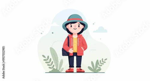 Cheerful child in hat and jacket with bag stands amidst nature