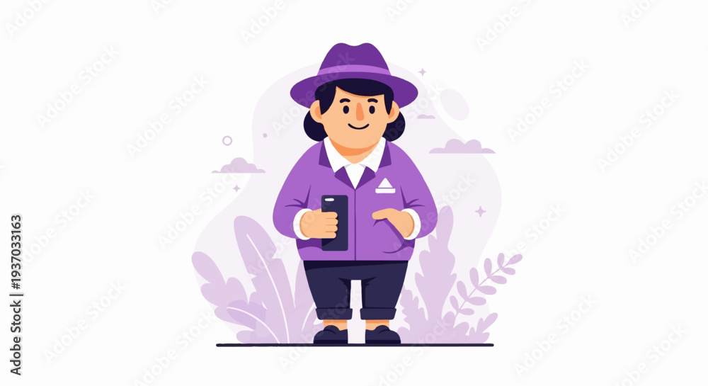 Obraz premium Person in purple hat and jacket holding phone, with plants and clouds