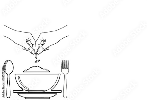 Hands sprinkle grains onto a bowl of food with spoon and fork