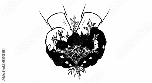 Hands cradle sprouting bulbs with tangled roots