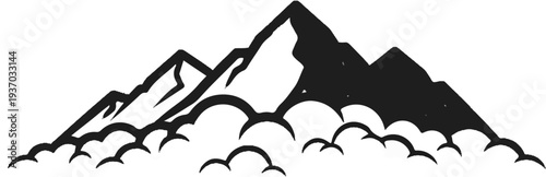Stylized, hand-drawn mountain range with clouds in a monochrome silhouette