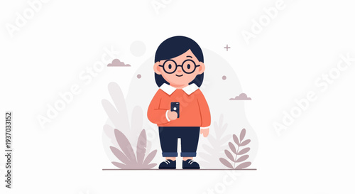 A stylized person with glasses and an orange sweater holds a phone