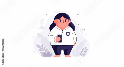 A cartoon woman in a white collared shirt and dark pants holds a smartphone