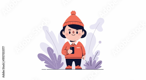 Cartoon child in orange hat and sweater holds phone, surrounded by purple leaves