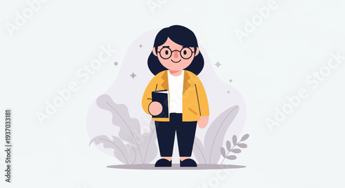 A smiling woman in a yellow jacket, glasses, and dark pants holds a book