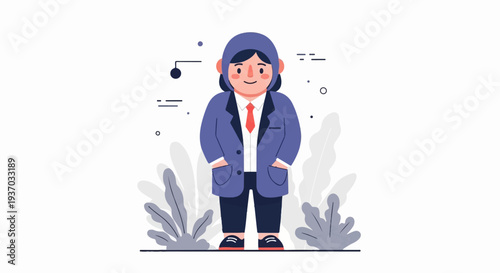 A charming, flat-design illustration of a person in a suit with a red tie and a blue hat