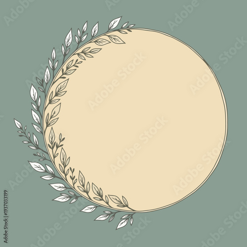 Delicate botanical vector illustration with a natural leafy vine design framing a stylish light beige oval.