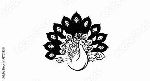 Stylized black and white peacock with fanned tail feathers
