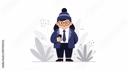 A stylized person in a hat, glasses, suit, and tie holds a phone
