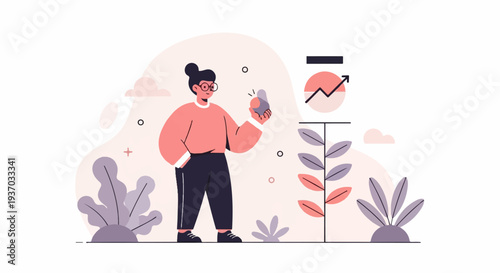 Woman holding smartphone with data chart and plants in soft, pastel tones