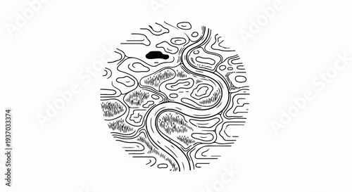Black and white illustration of a winding river and landforms in a circular frame
