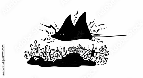 Stylized black manta ray hovers over vibrant coral reef