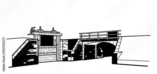 Black and white illustration of a canal lock with a bridge crossing over it