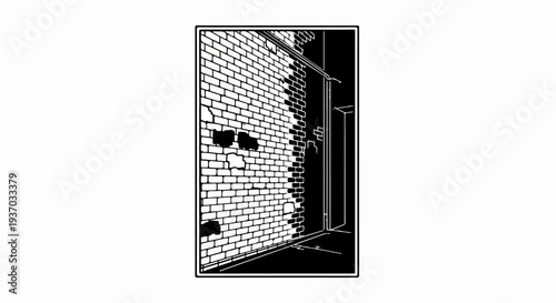 Black and white graphic of a damaged brick wall with a dark corner