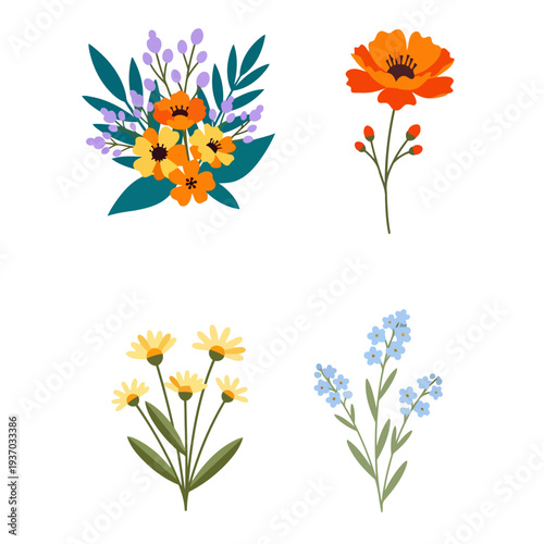 Vibrant collection of assorted wildflower botanical vector illustrations for spring design elements