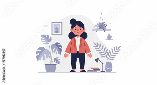A cartoon woman stands in a room with plants, books, and a lamp