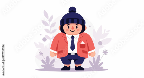 A charming cartoon character in a coral jacket, blue beanie, and tie stands amidst abstract foliage