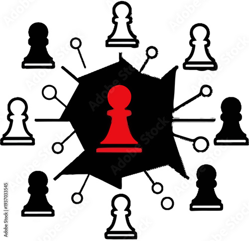 Chess pawns connected to a central red pawn within a black shape