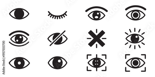 Set of eye icons for vision and surveillance, representing sight and monitoring in various styles and forms.