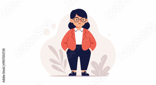 A cartoon woman with dark hair, glasses, and a blazer stands with her hands in her pockets