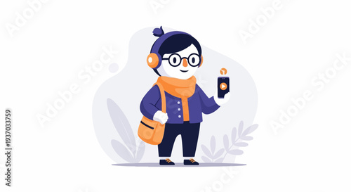 A cheerful cartoon figure in winter attire holds a smartphone with a play button, wearing headphones and a scarf