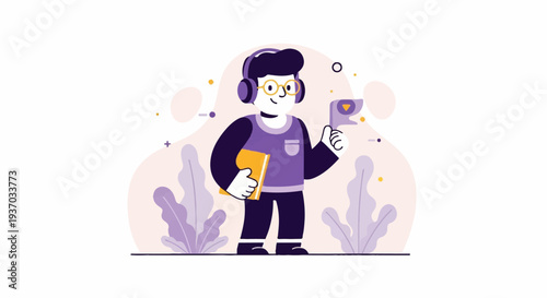 A friendly person with headphones, glasses, holding a book and a flag, with plants