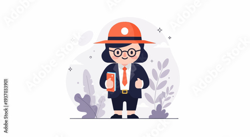 A stylized person in a suit and hat holds a book, set against a white background