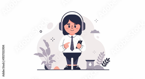 Person in headphones holding a phone, surrounded by minimalist plants and abstract shapes