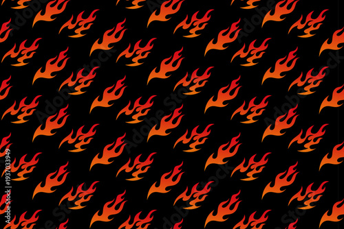 Dynamic flame gradient style seamless pattern on black background for merchandise. Blazing fire repeat pattern. Stylized heat flame illustration motif