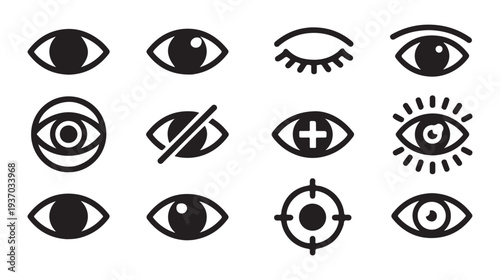 Array of eye symbols for vision, surveillance, and observation, in multiple styles and variations.