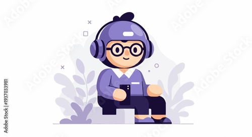 A pixelated, cartoonish person wearing a purple helmet and headphones, holding a phone