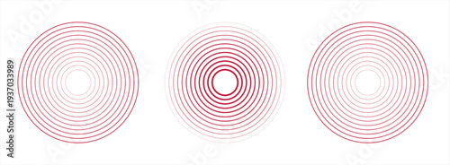 Pain red circles. Pain localization sign and pain pointings. Red rings. Sonar waves. Set of radar icons. Symbols for medical design. Vector illustration.