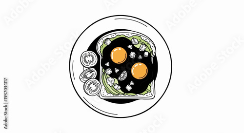 A vibrant illustration of avocado toast with two sunny-side-up eggs, chopped tomatoes, and diced toppings on a plate