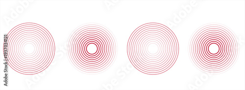 Pain red circles. Pain localization sign and pain pointings. Red rings. Sonar waves. Set of radar icons. Symbols for medical design. Vector illustration.