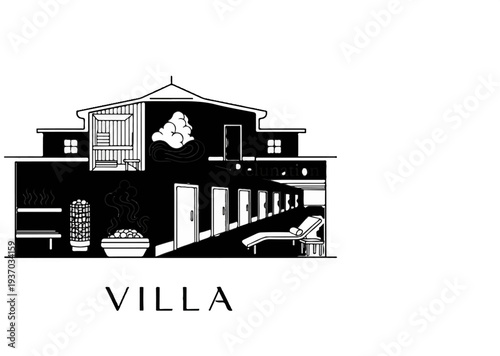 Cross-section of a spa villa featuring sauna, steam room, and relaxation area