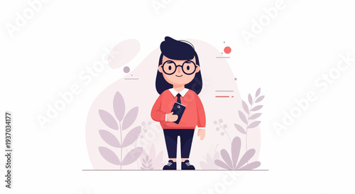 A stylized female figure with glasses and dark hair, holding a smartphone, surrounded by abstract floral elements