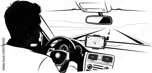 Driver using GPS navigation on smartphone while driving on a road