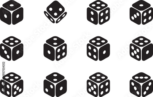 Black and white dice with various numbers on their faces arranged in a grid pattern