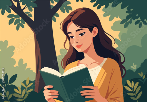 donna che legge un libro romanzo giallo sotto albero in campagna aperta sulla terra erba terreno vettoriale