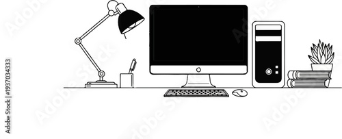A minimalist desk setup with a lamp, computer, keyboard, mouse, pen holder, books, and plant