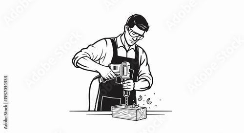 Man wearing safety glasses and apron, drills into wooden block